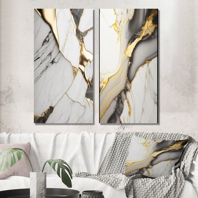 Designart "Opulent White and Gold Geode Marble I" Abstract Marble Wall Art Set Of 2 - White Abstract Canvas Set For Living Room Decor