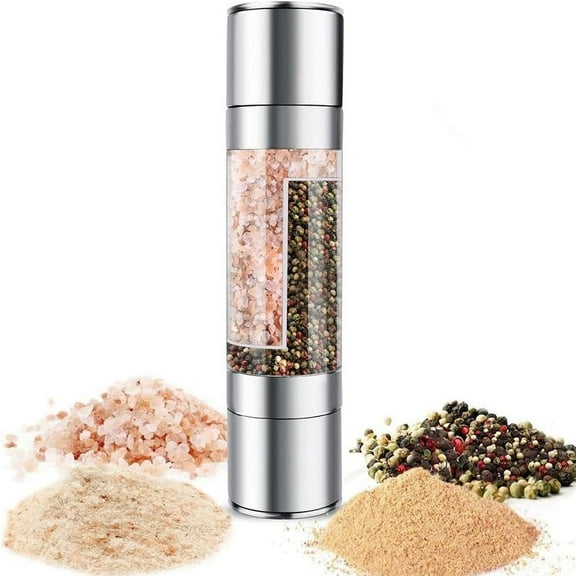 2-in-1 Salt and Pepper Grinder, Manual Stainless Steel Mill with Adjustable Coarseness & Ceramic Rotor, Refillable Clear Acrylic Spice Shaker