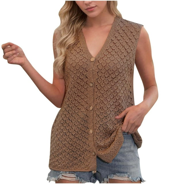 Dealovy Débardeurs pour Femmes Col en V Sans Manches Camisole à Illets Boutonnée Décontractée Ample Été Sortie