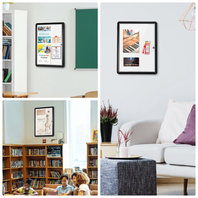 Enclosed Lockable 26"x20" Magnetic Whiteboard Cabinet for Wall Outdoor Use Noticeboard Tamperproof Dry Erase Cabinet for Wall Office with 4 Magnets, Black Aluminium Framed