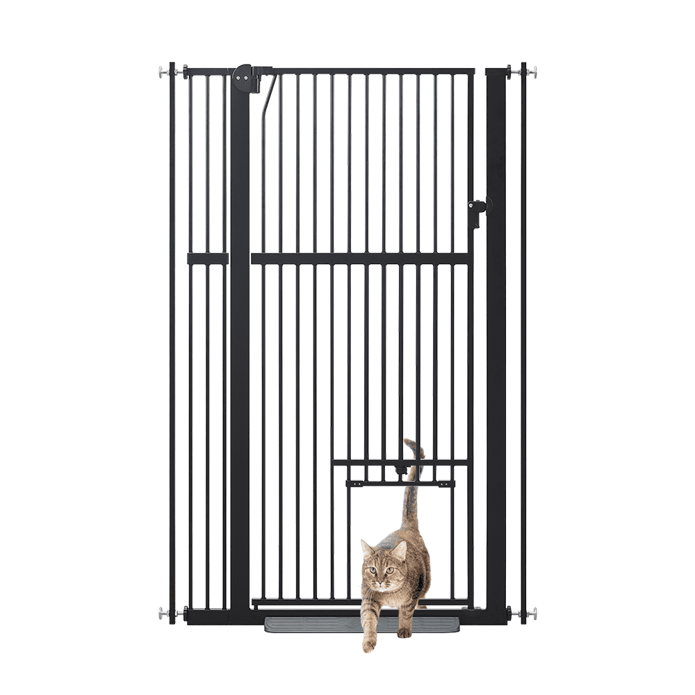 unipaws 56" Tall Baby Gate with Cat Door, 31-37" Wide Pressure Mounted Dog Gate for Stair Doorway, Walk Through Pet Gate, Black