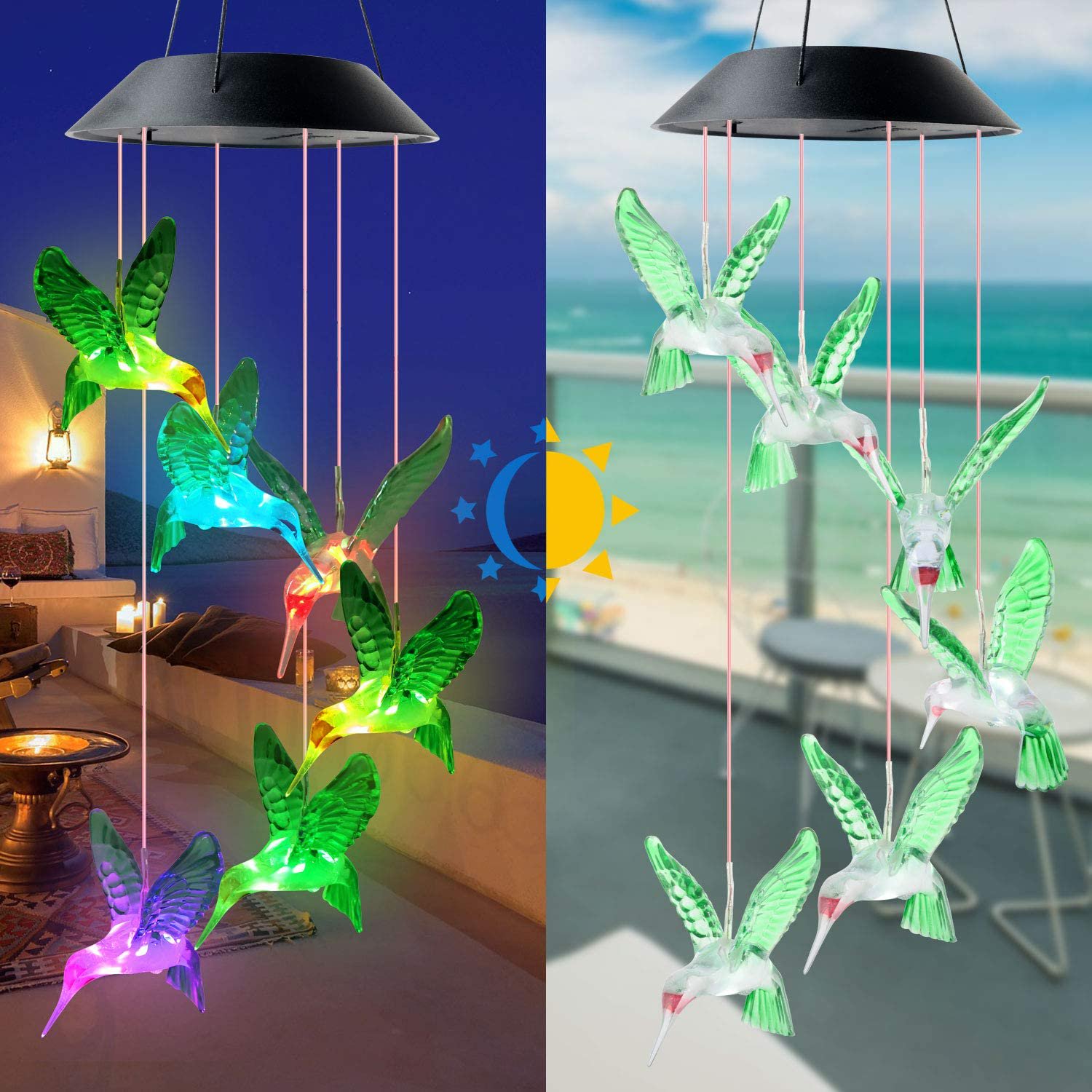 Solar Hummingbird Wind Chime Color Changing Solar LED String Lights ...