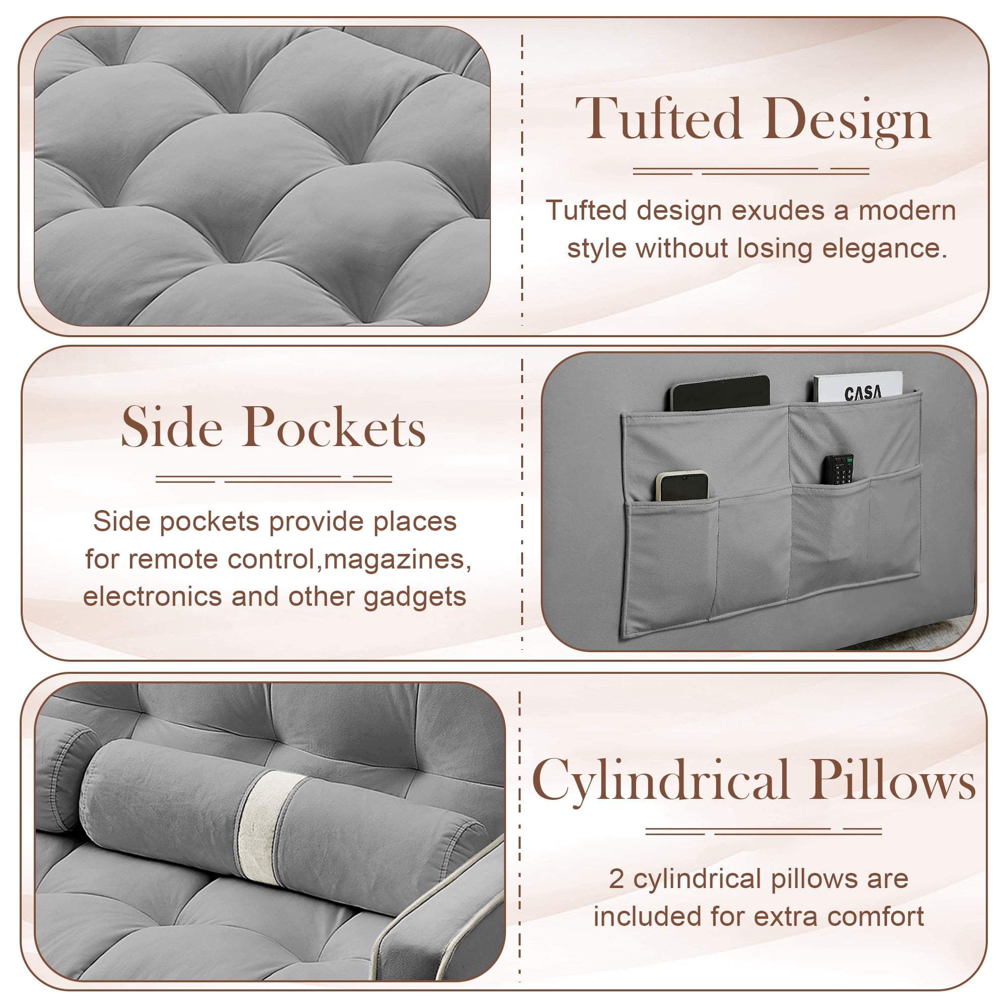 KINFFICT Futon Sofa Bed, Convertible Sleeper Sofa Bed with Pull Out Couch, Modern Velvet Loveseat Sleeper, Small Couch for Living Room, Gray