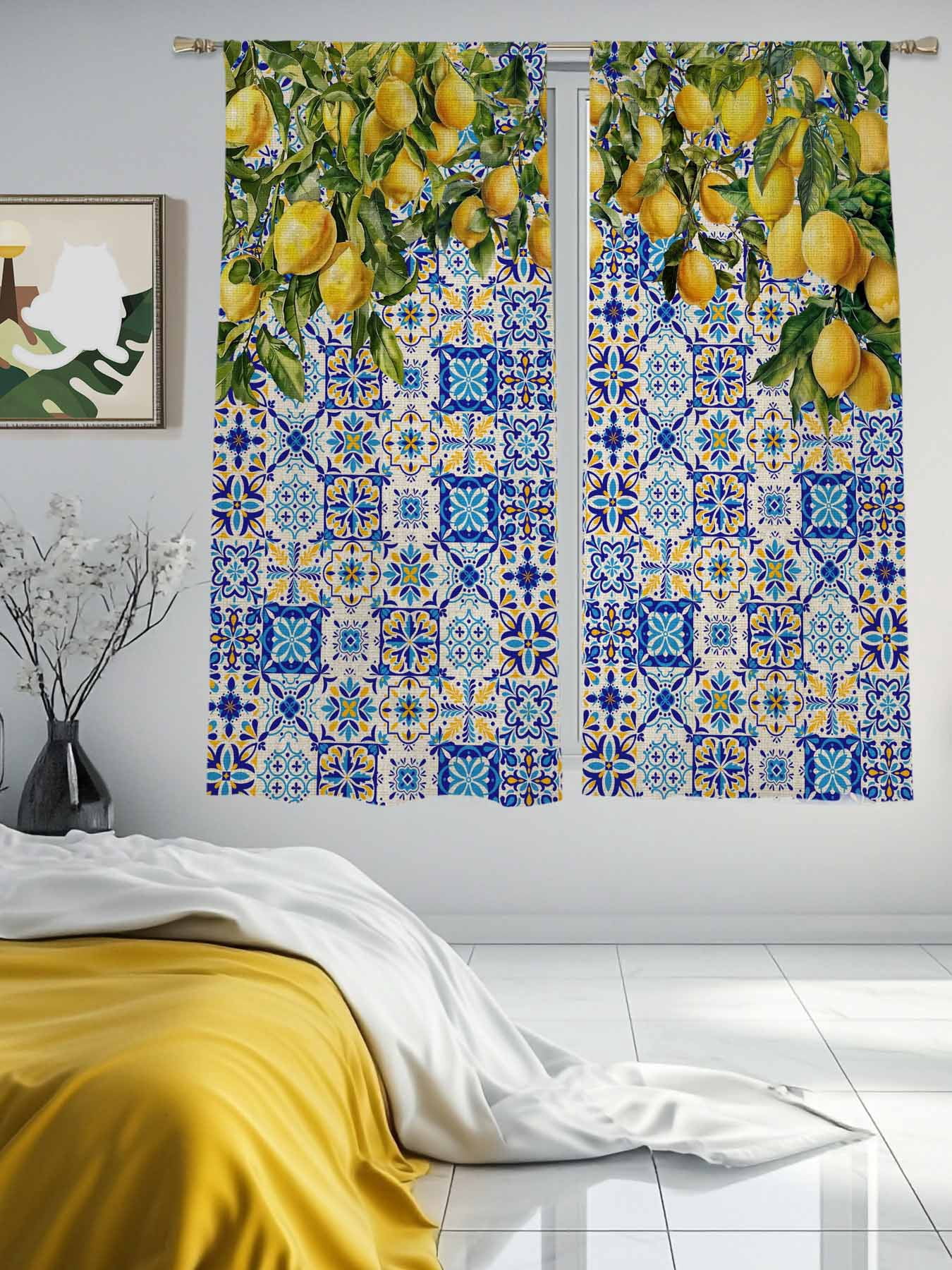 Lemons Sheer Curtains for Living Room Bedroom, National Style Summer Lemon Blue Floral Texture Linen Light Filtering Sheer Curtain Rod Pocket Voile Window Treaments Drapes, 52 x 63 Inches