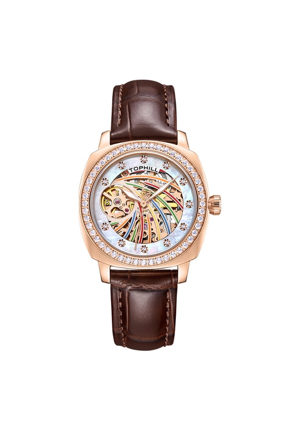 TOPHILL Skeleton Diamond Dial Japanese Automatic Self-Winding Movement Vintage Women Mechanical Business Wrist Watch Steel Genuine Leather Sapphire Crystal Waterproof Clock Luminous