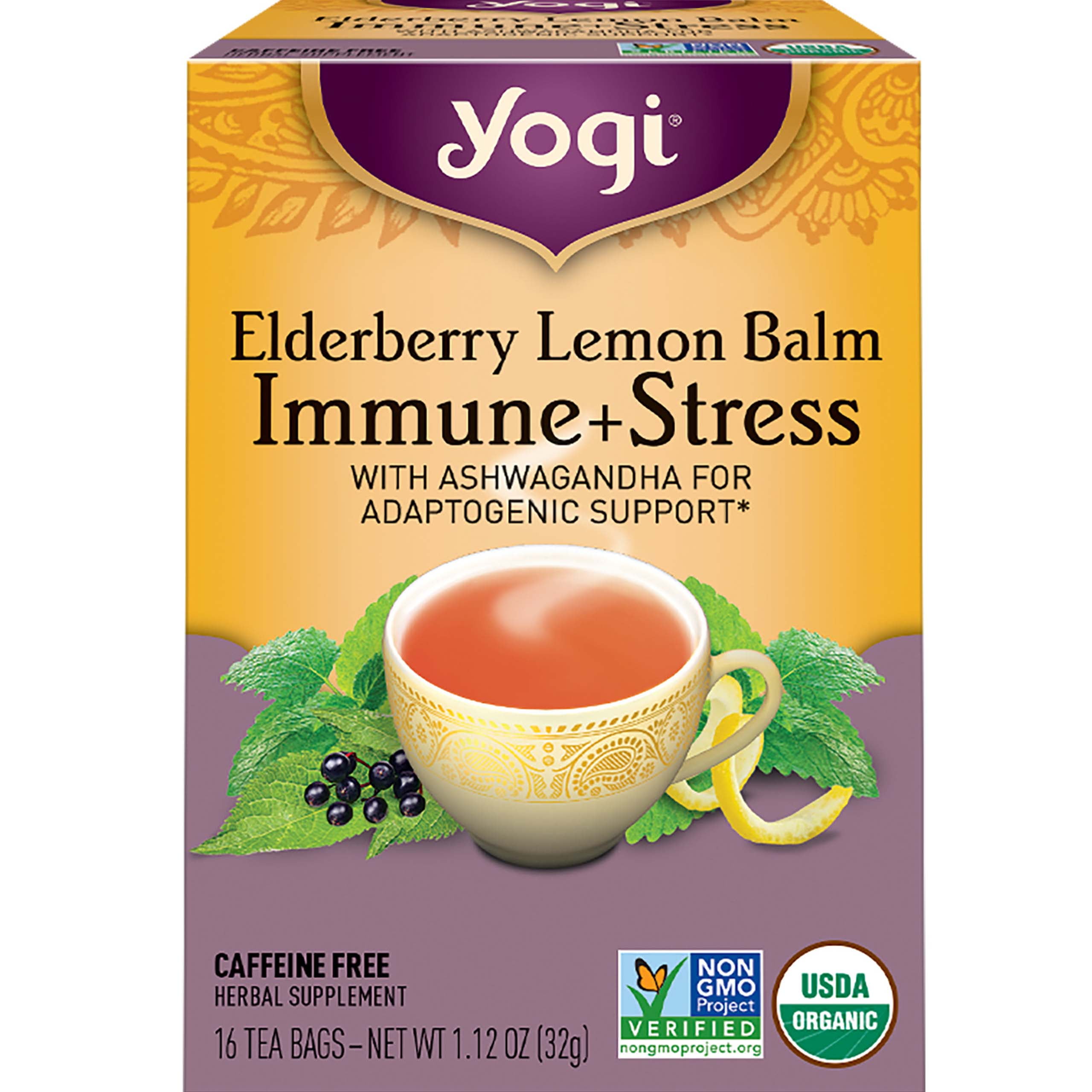 Yogi Tea Elderberry Lemon Balm Immune Plus Stress, Wellness Tea Bags, 1 Box of 16