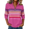 thumbnail image 4 of Women's Pullover Sweatshirt Patchwork Print Quarter Zip Plain Striped Elegant Warm Classic Long Sleeve V Neck Regular Tops Casual Home Work Fall Winter | CSEONE,Hot Pink 2XL, 4 of 8