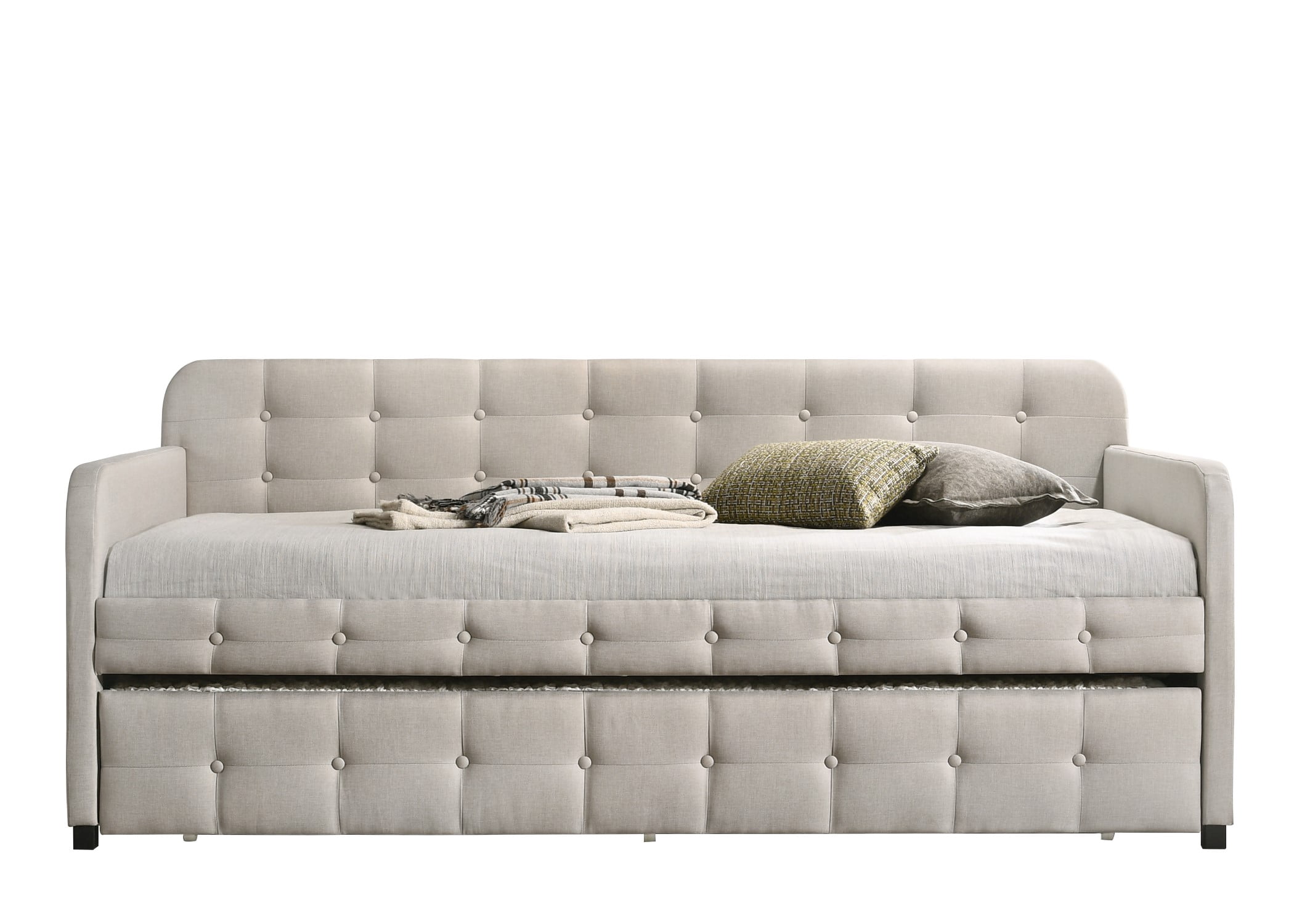 Home Design Fulham Twin Daybed with Upholstered Frame and Roll-Out Trundle, Button-Tufted Back, Track Arms, Elegant Modern Design, Warm Gray