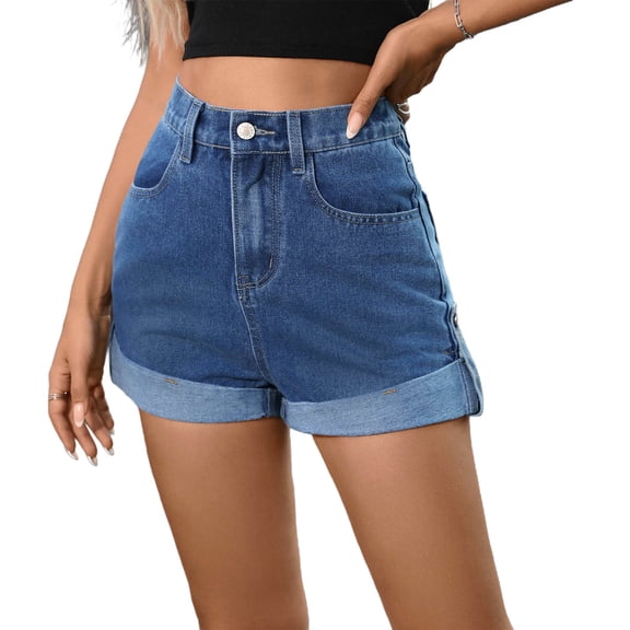 Qgtaibl Women's High Waisted Denim Shorts Rolled Hem Casual Jean Shorts with Pockets Summer Stretchy Comfortable Jorts for Daily Wear Blue M