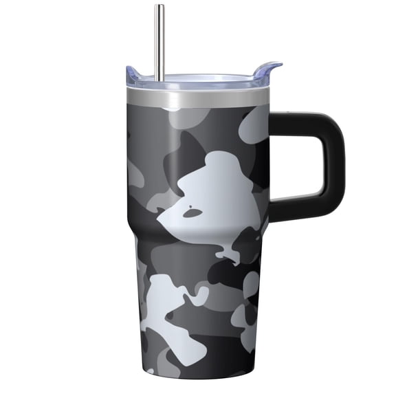 Camo 20oz Stainless Steel Tumbler with Handle and Straw – Insulated Travel Cup with Sliding Lid, 360° Full Wrap Printed Mug for Home, Outdoor & Sports Use, Camouflage