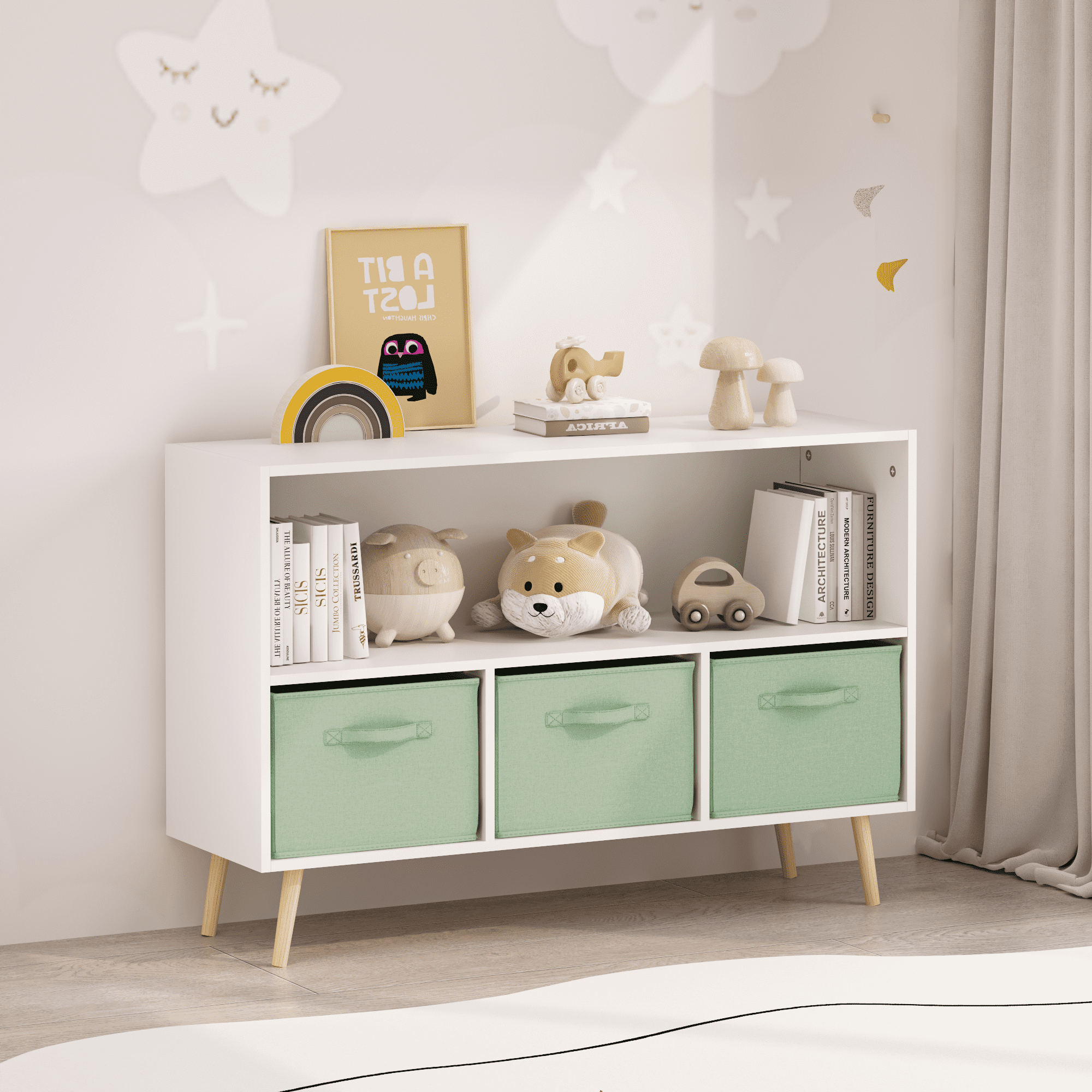 Kids Bookcase with Collapsible Fabric Drawers, Children’s Book Display & Toy Storage Organizer, MDF Cabinet with Pine Legs, White/Green