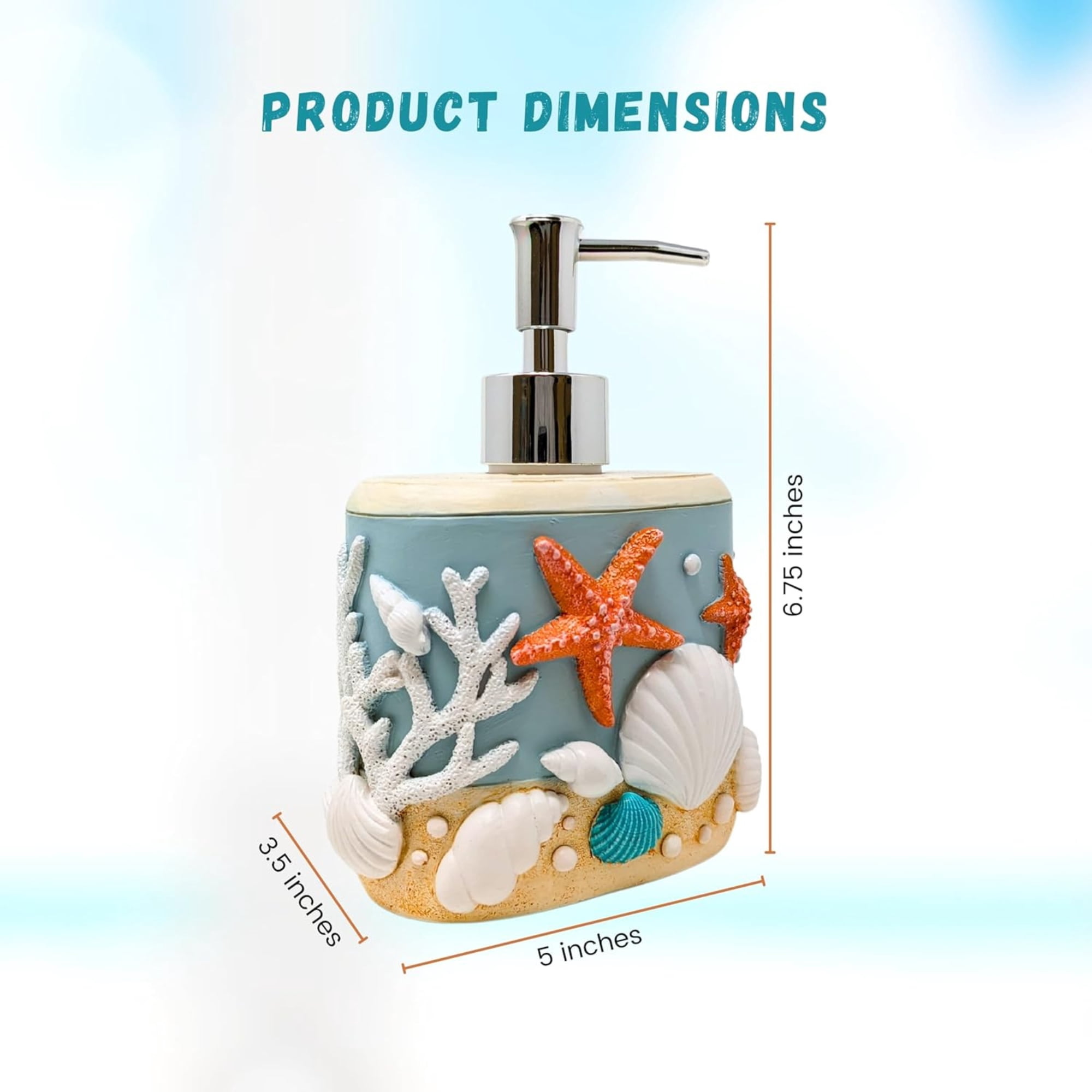 Seaside Splendor Pump Bottle Dispenser – 3D Resin Pump Bottle with Seashells & Starfish Nautical Design for Hand soap, or Lotion, Ocean-Inspired Bathroom Accessories, & Guest Bath Coastal Décor