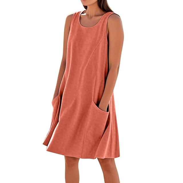 Vestido sin mangas estampado de lino para mujer: largo hasta la rodilla, estampado floral, bolsillos, ropa de verano para la playa.