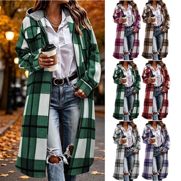 Brqkzdu Flannel Plaid Jackets for Women Hooded Full Zip Long Sleeve Long Shacket Jacket Fall Winter Loose Comfy Work Coat with Pockets