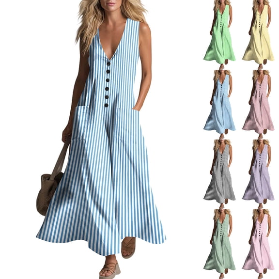 Qzwdhjm Women's Linen Dress Sleeveless V Neck Maxi Dresses Striped Aline Casual Summer Dress for Beach Party with Pockets