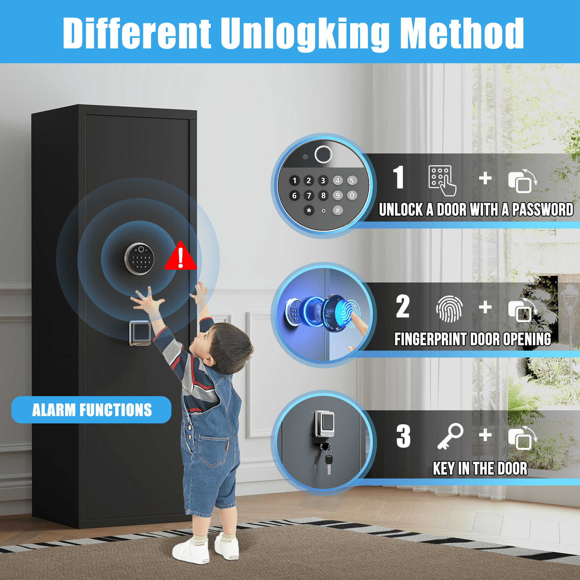 52" Tall Black Rifle Safe, Biometric & Keypad Lock, Adjustable Gun Racks with Built-in Alarm System