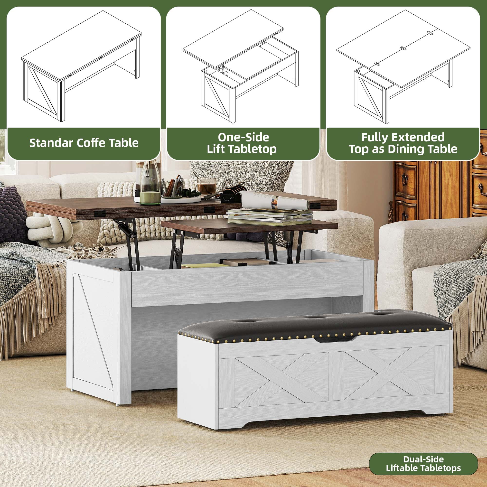 Uforic Wood Lift Top Coffee Table with Rolling Ottoman Storage Bench, White