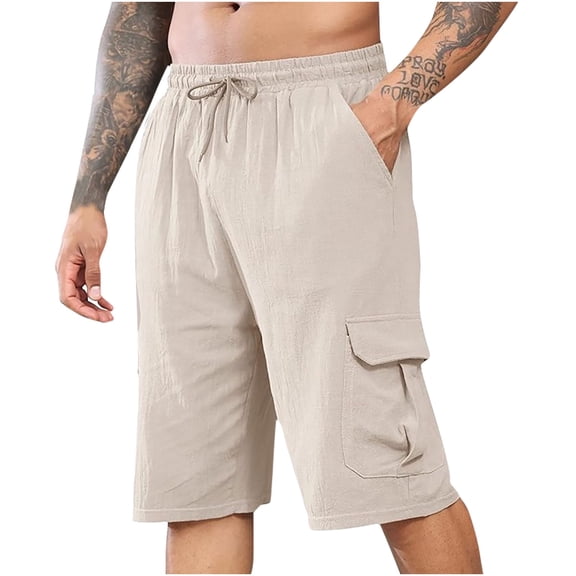 HOOMEUMY Men's Summer Shorts with Pockets Solid Color Loose Fit Beach Shorts Knee Length Drawstring Elastic Waist Linen Shorts Beige L