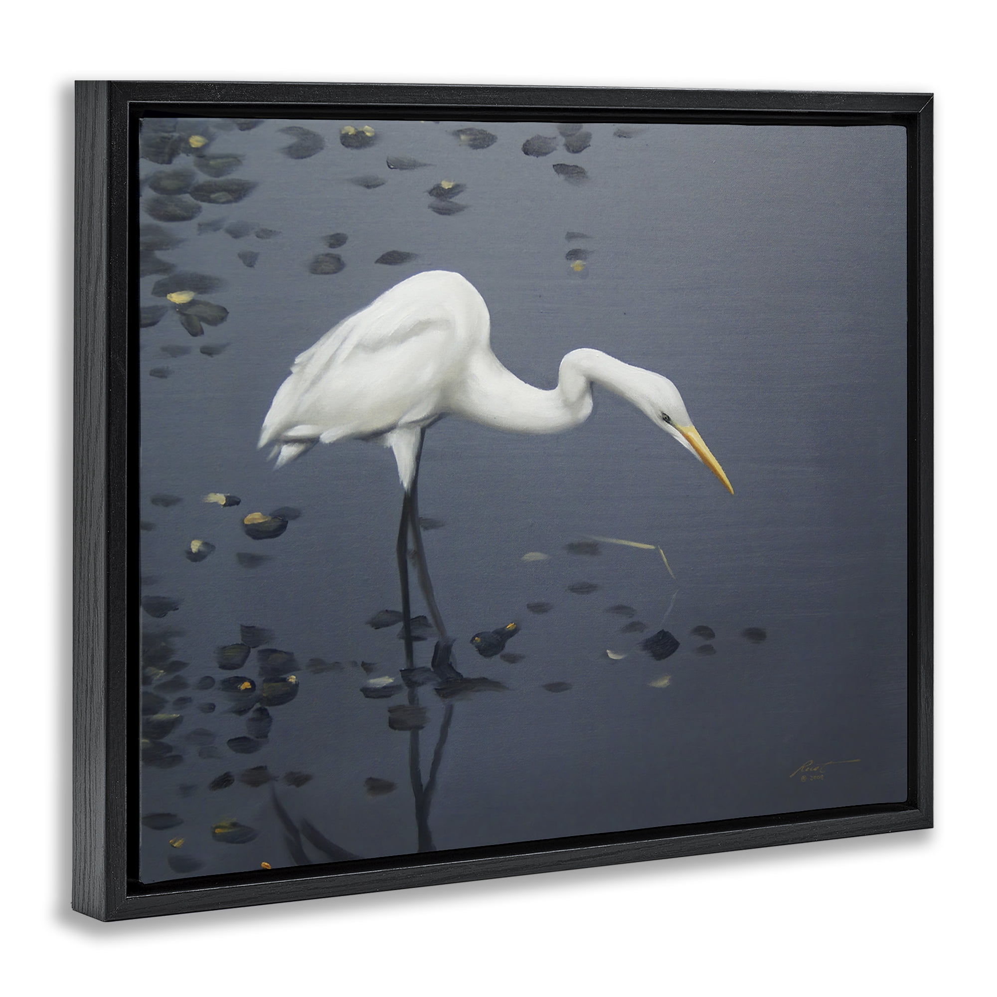 Stupell Industries Graceful Egret in Lake Animals & Insects Painting Black Floater Framed Canvas Art Print Wall Art, 21 x 17