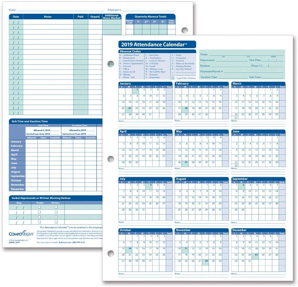 ComplyRight 2019 Attendance Calendar Card White Pack Of 50 Walmart