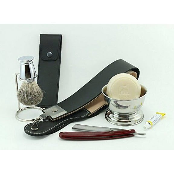 Shaving Set - Gold Dollar Faux Rosewood Handle, Gbs Chrome Bowl, Badger Brush...