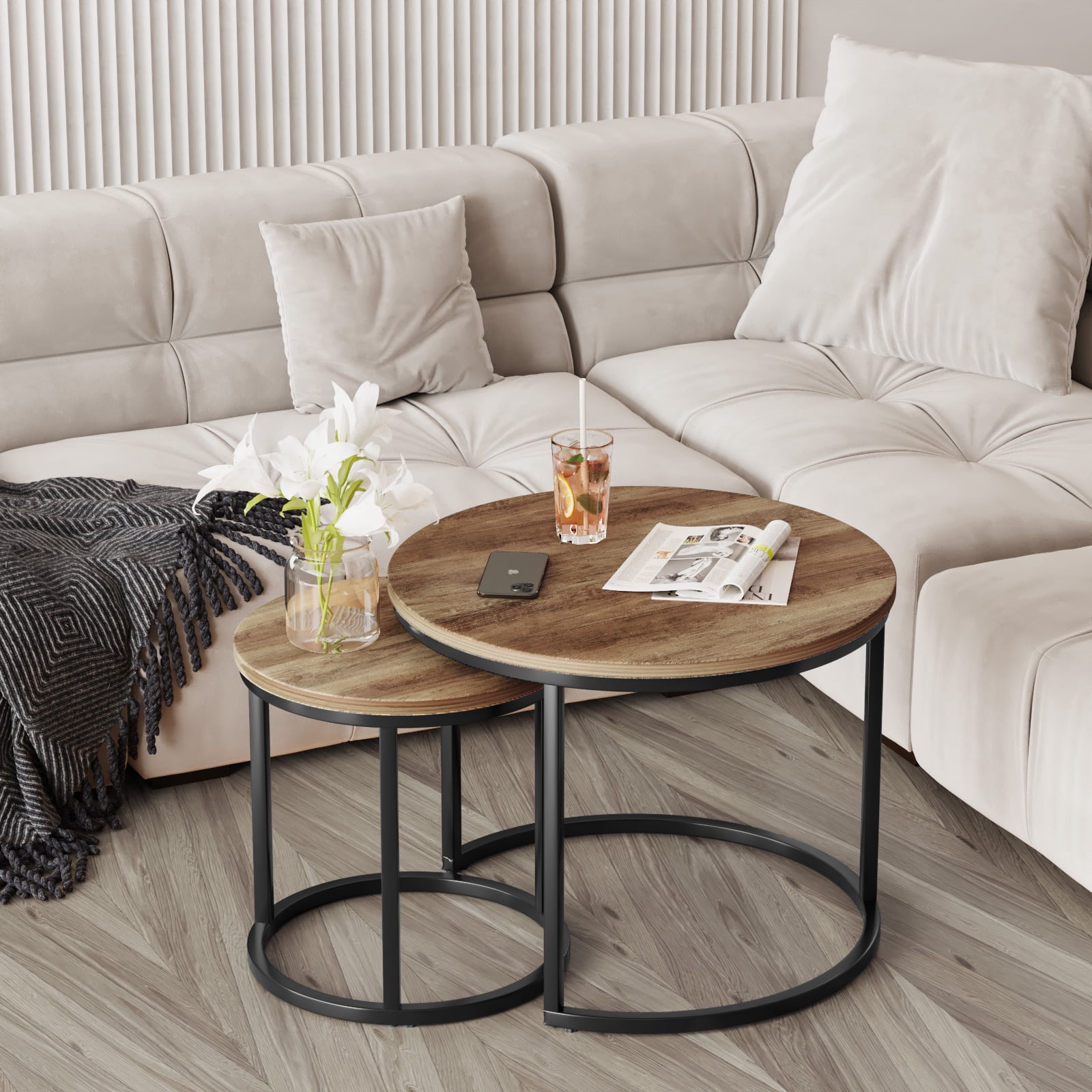 Algherohein Round Nesting Coffee Table Modern Set of 2 for Living Room Brown