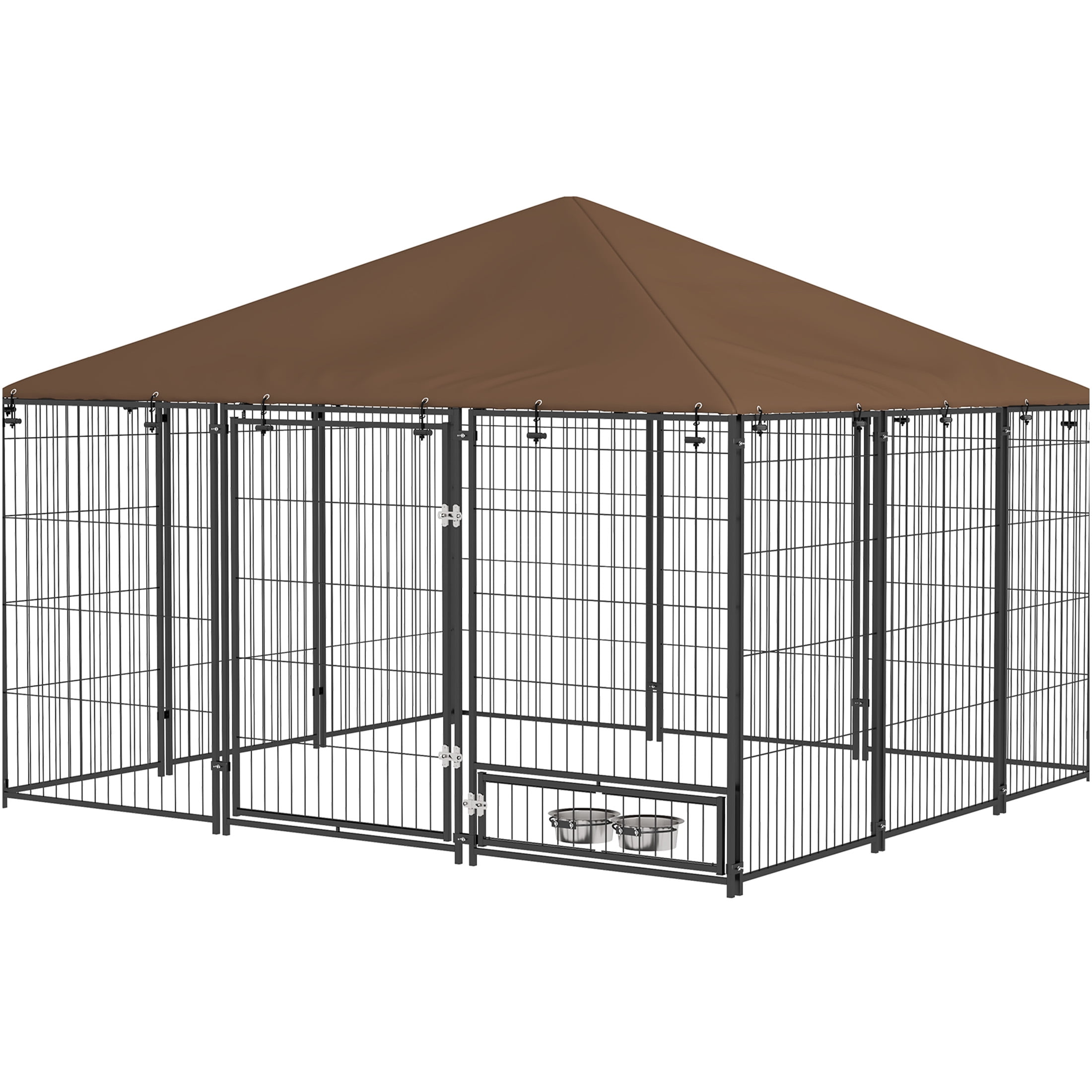 JERFIT 6.9' x 6.9' x 5' Outdoor Dog Kennel with Removable Canopy, Rotating Feeding Door, Weather-Resistant Metal Playpen for Large Dogs, Coffee Brown