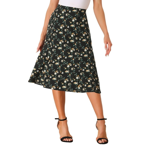 Faldas Midi Peasant de Mujer INSPIRE CHIC con Cintura Elástica A-Line de Flores Ditsy en Negro y Blanco Talla M