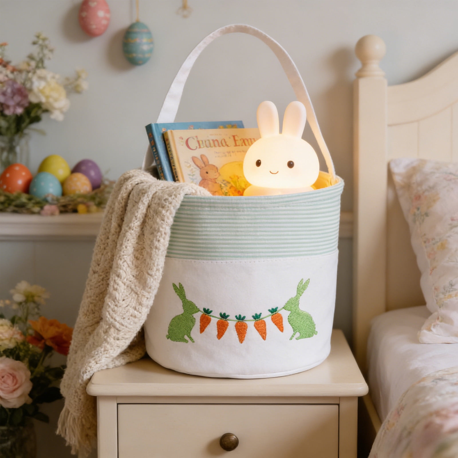 REZUOFI 3 Pcs Easter Bunny Handheld Basket with Embroidered Design for Party Favors Candy Storage and Home Decor Tote Bag for Spring Celebrations