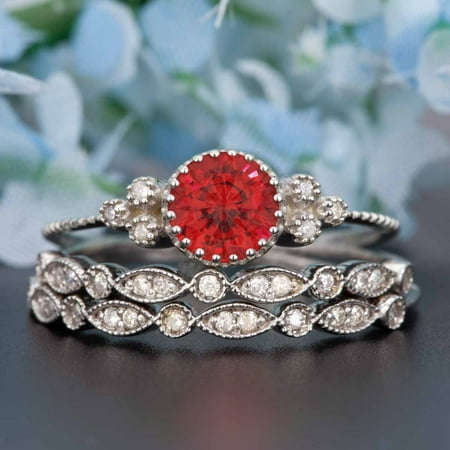 Channel Set Ruby Ring (2 Carat Round Cut Real Ruby and Diamond Wedding Trio Ring Set with Engagement Ring and 2 Wedding Bands in 18k Gold Over Sterling)