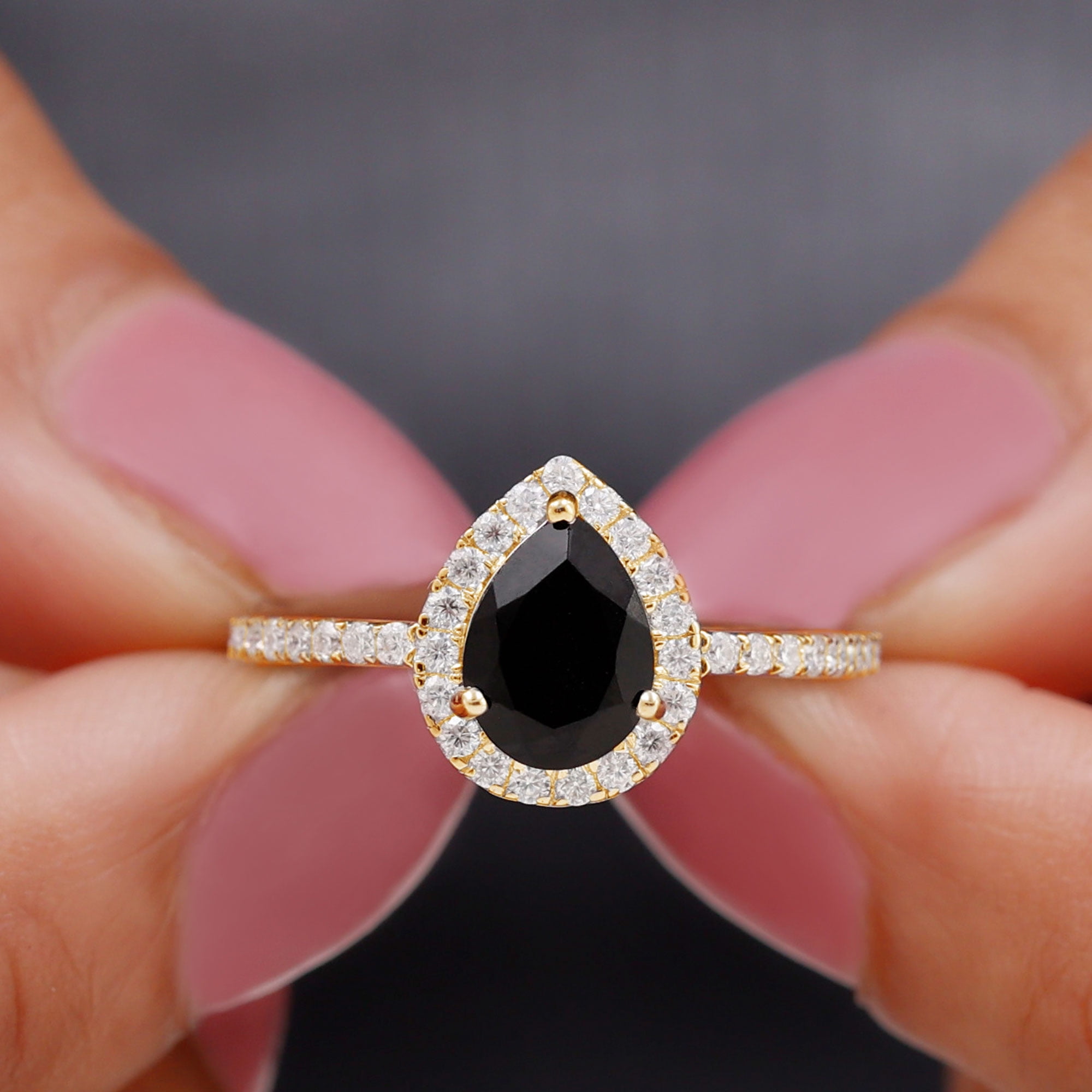 Harish Crafts Pear shaped Black Onyx Engagement Ring Rose Gold India | Ubuy