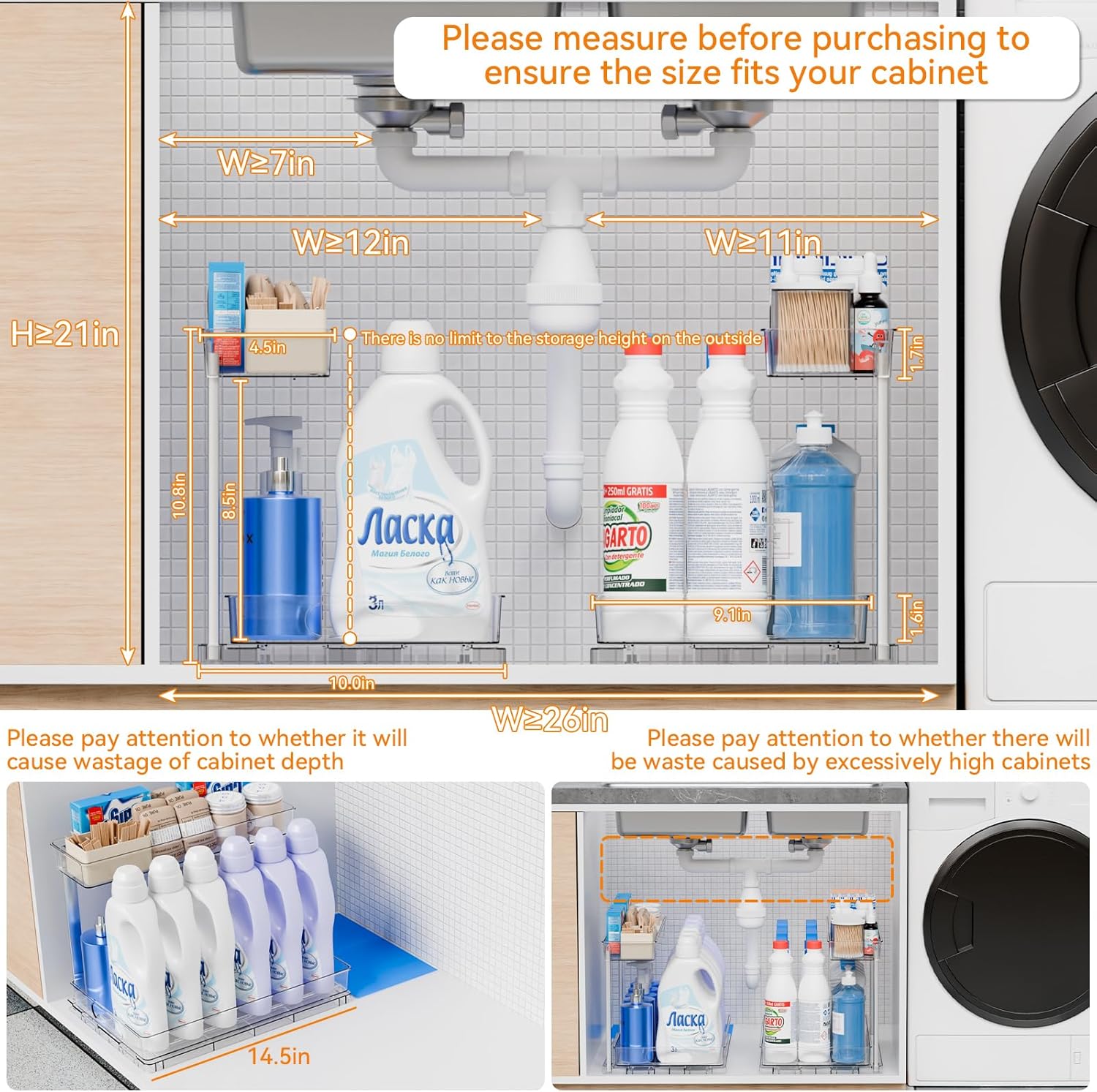 RGHJAR-2 Pack 14.5″ Deep Pull Out Under Sink Organizer,10.8″ High 2 Tier Slide Out Cabinet Organizer for Kitchen Cabinet,Undersink Organizers,Under Sink Shelves,Bathroom Organizers and Storage,Clear