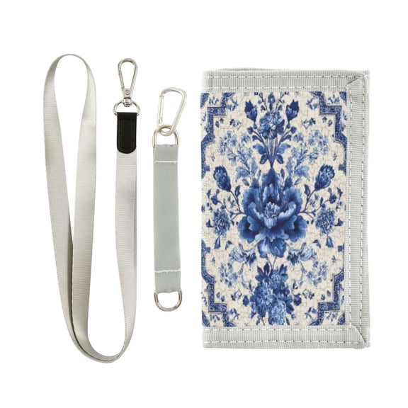 Cloth Wallet with Lanyard & Multiple Compartments Fashion Purse Zipper Clutch Bag for Cash Cards Coins Blue and White Porcelain-style