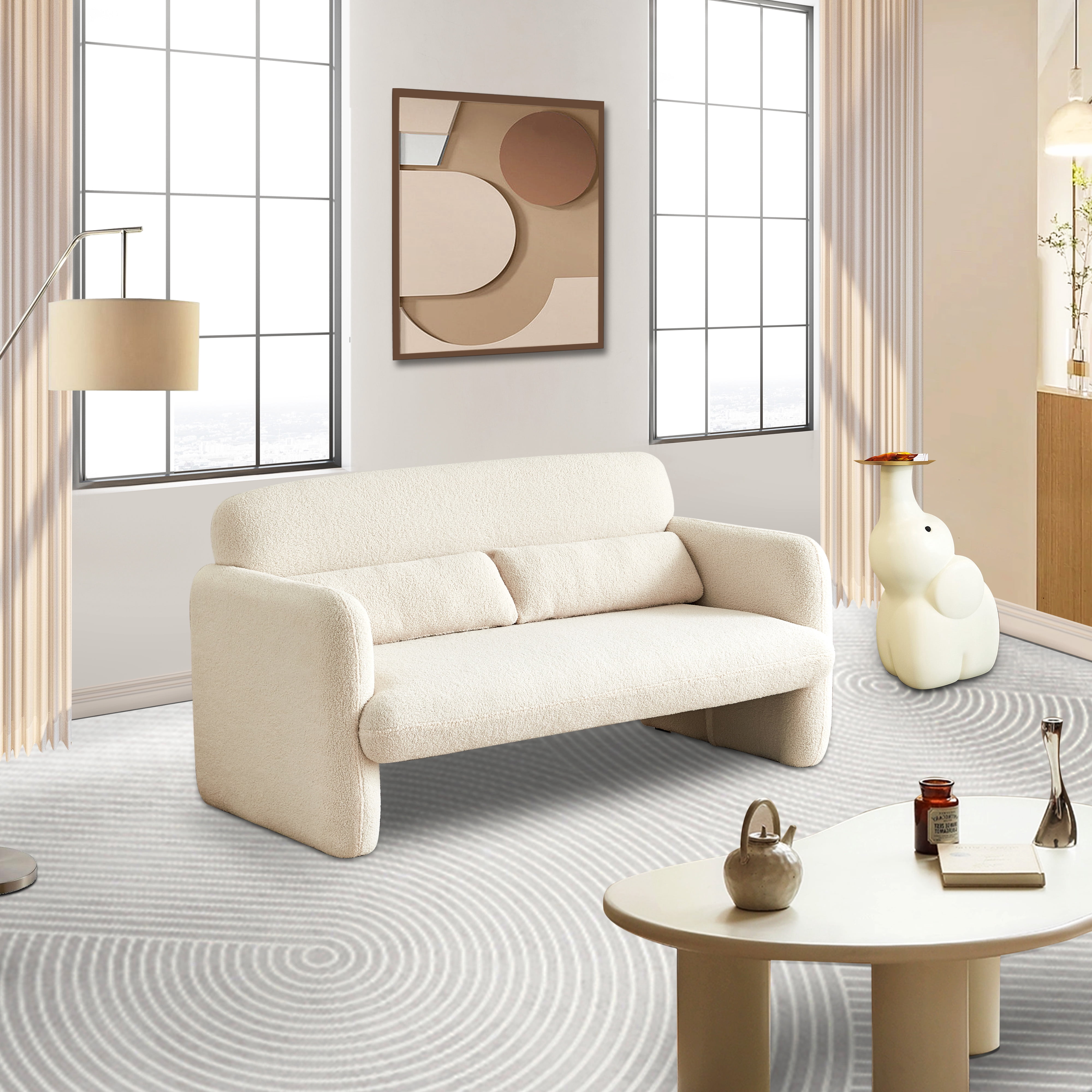 Youdao 59" Small Loveseat Sofa, Modern Sherpa Mini Sofa Couch, Lambswool 2-Seater Fluffy Love Seat, Teddy Fabric Upholstered Compact sofa with 2 Throw Pillows for Apartment Office Small Space, Beige