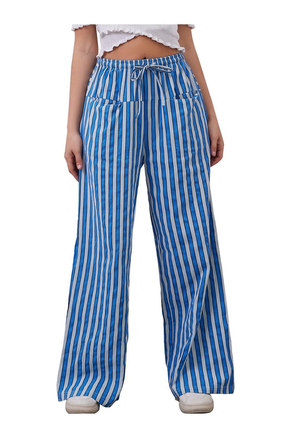 Pants for Women High Waist Wide Leg Pants Casual Palazzo Drawstring Striped Trousers Loose Oversize Lounge Pants with Pockets