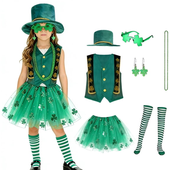 Lovzfmll 6-Piece St. Patrick's Day Costume Set for Girls, Sleeveless Lace Top & A-Line Skirt, Holiday Dressy Outfits for Kids 4-5 Years