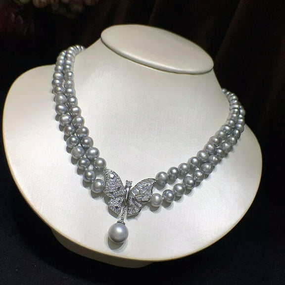 EOEMY 2 Strand Natural 7-8mm Gray Freshwater Pearl Necklace 18"