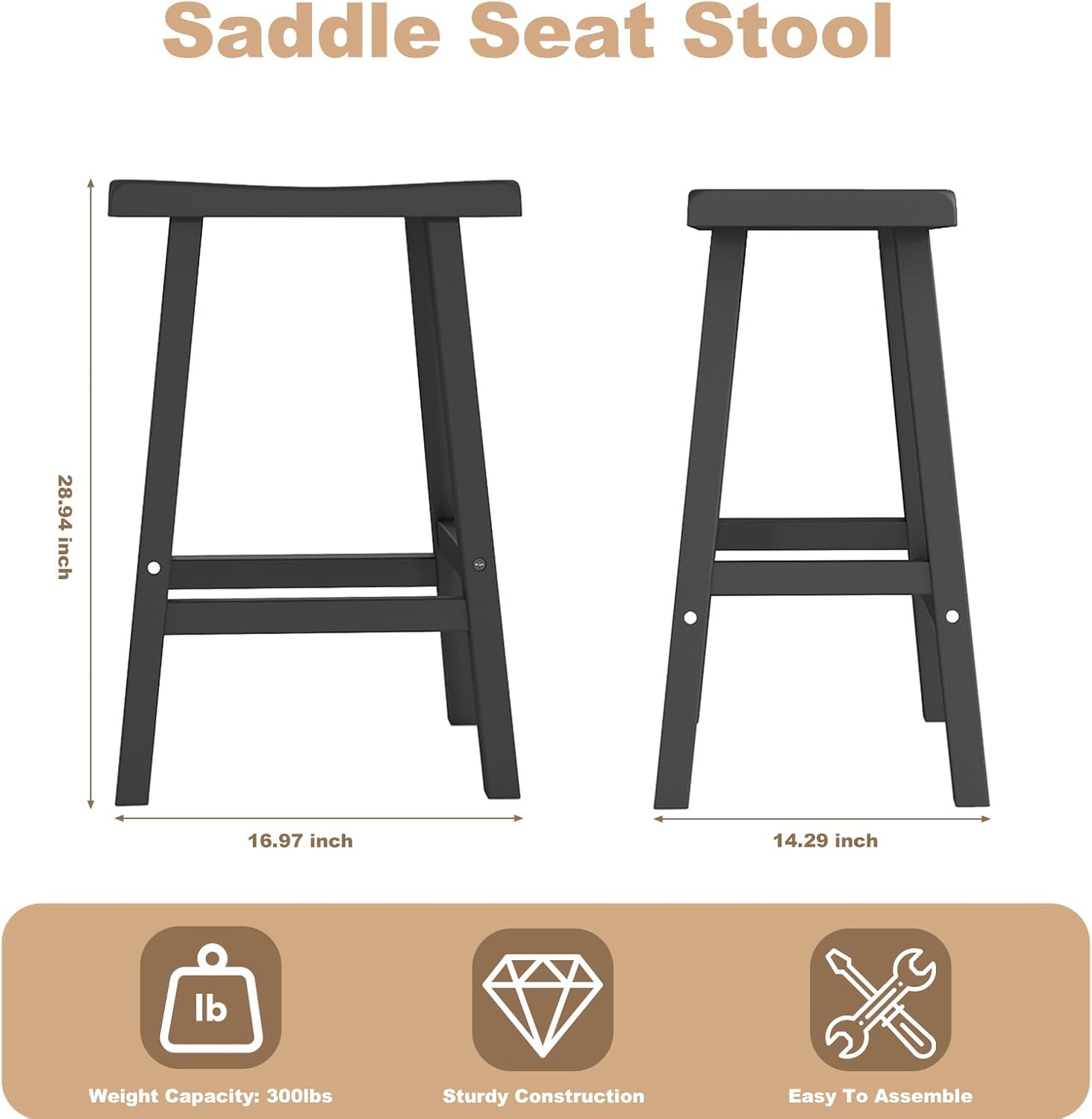 Joxxoaa Solid Wood Saddle-Seat Counter Height Bar Stools for Kitchen Island and Home Bar with Footrest, 29-Inch Height, Black, Set of 4