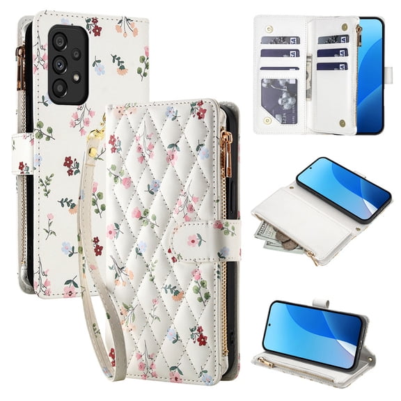 Tianyeda for Samsung Galaxy A53 Case Wallet Card Holder Zipper Leather Flip Cover Crossbody Wrist Strap with Stand A1