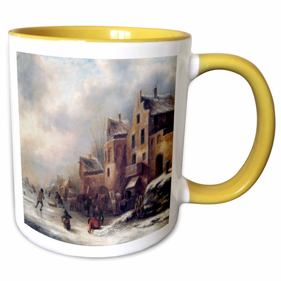 3drose, Winter Landscape with Skaters by a Village by Klaes Molenaer, 11oz Two-tone Yellow Mug