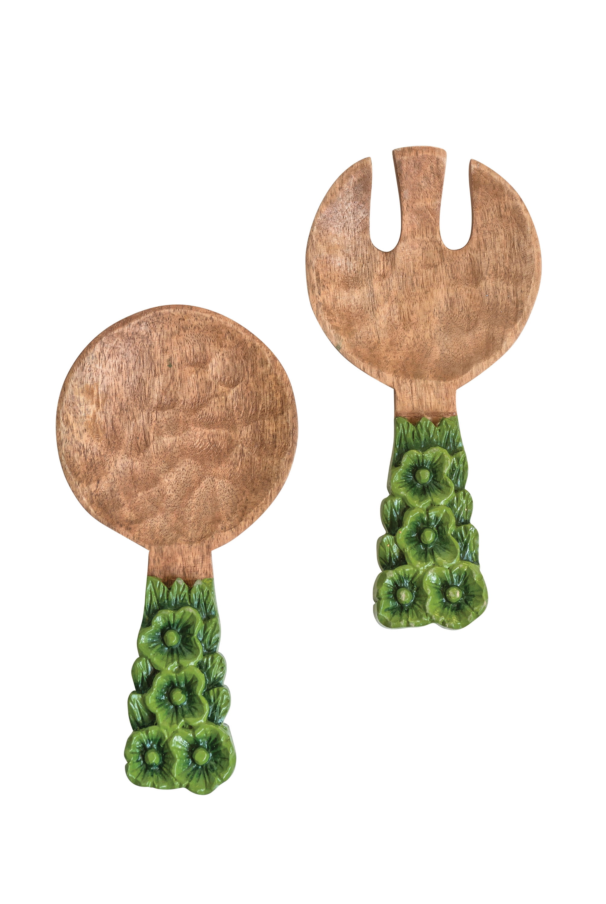 Hand Carved Mango Wood Salad Servers with Green Floral Handles (Set of