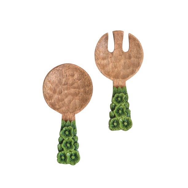 Hand Carved Mango Wood Salad Servers with Green Floral Handles (Set of