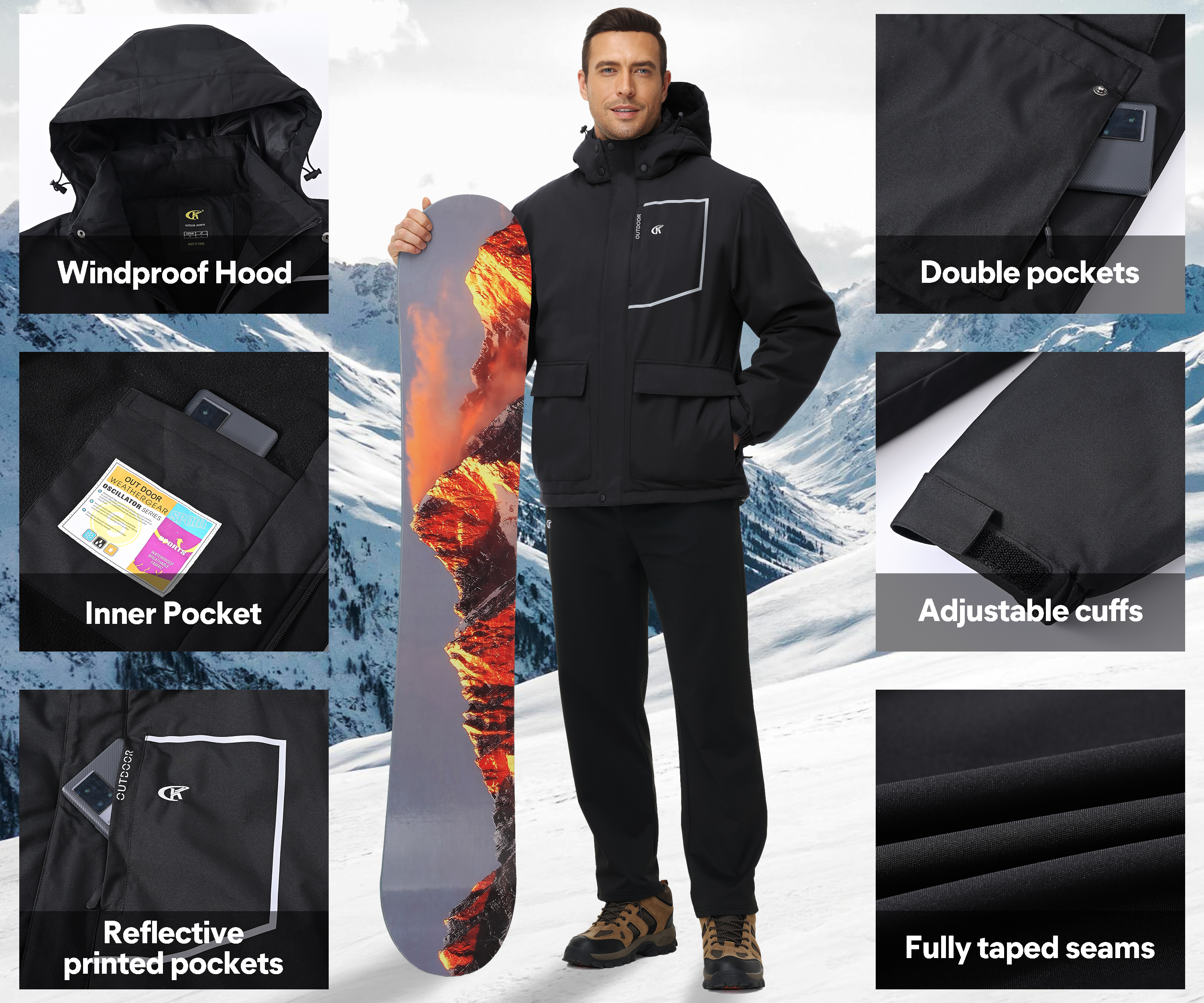 Tyhengta Men's Waterproof Ski Jacket, Black photo 5