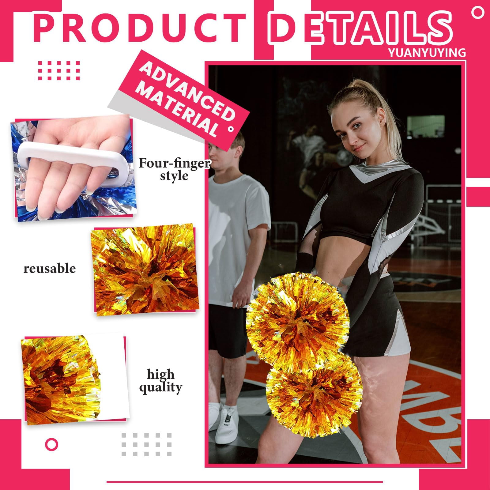 Cheerleading Pom Poms 20 Pcs, with Four Finger Handle Cheerleading Handheld Squad Pompoms for Sports Team Cheer Spirit Games Dance Party Adults