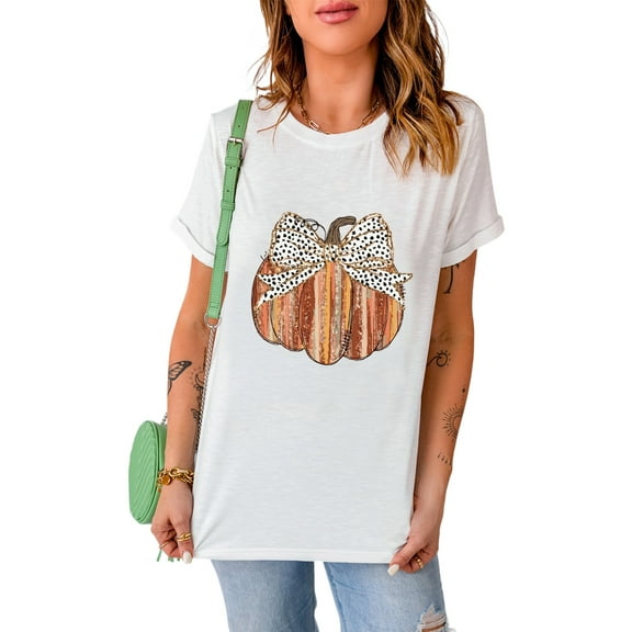 Women's White Thanksgiving Bow Knot Pumpkin Print Round Neck T-Shirt | [ZhiHiMeRi] | (US 4-6)S