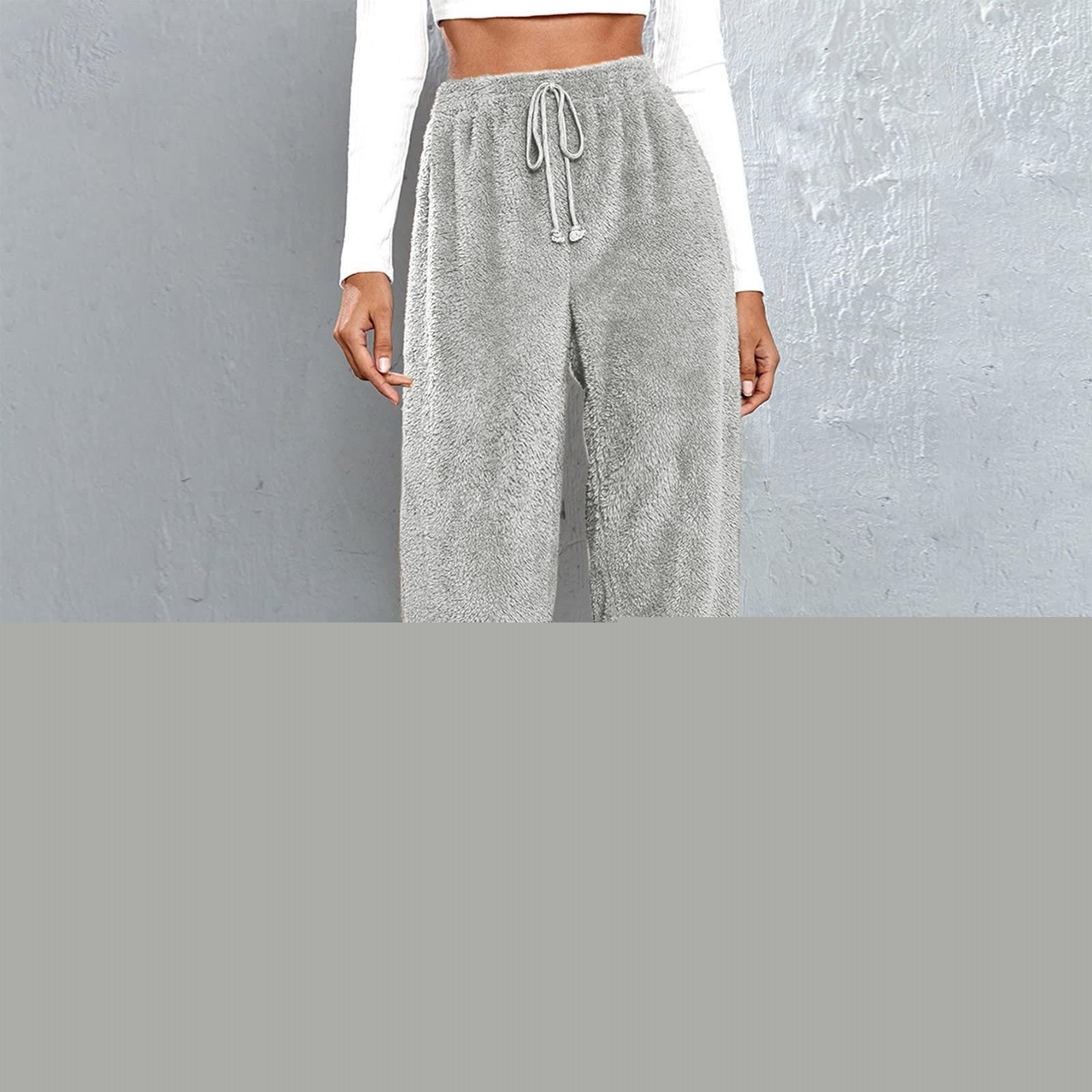 thumbnail image 3 of Women's Faux Lamb Fleece Sweatpants Elastic Waist Drawstring Solid Cuffed Loungewear Joggers with Pockets Silver 4XL, 3 of 5