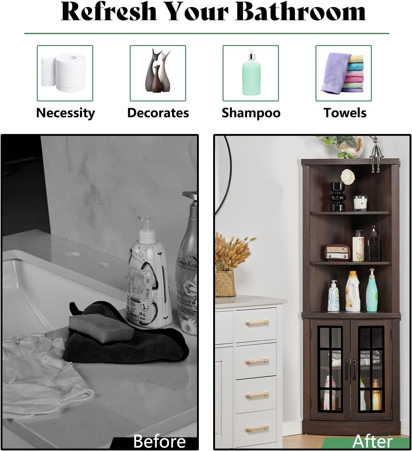 Merluxy Curved Corner Storage Cabinet, 65" Bookcase with Doors & Shelves, Living Room, Espresso
