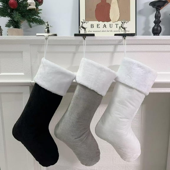 3Pack Christmas Stockings with White Plush Faux Fur,Party Favors Christmas Stockings Hanging Ornaments Candy Gift Bags for Xmas Fireplace Holiday Decorations,