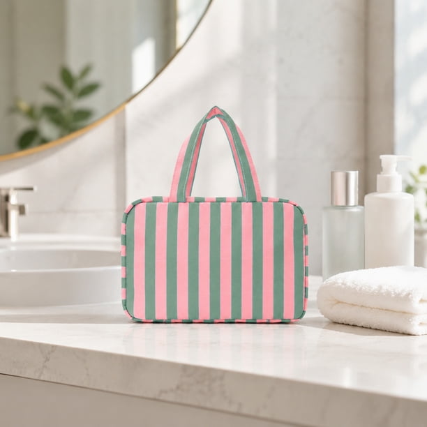 Neceser Plegable de Cuatro Secciones a Rayas con Separación para Artículos Húmedos y Secos – Estuche de Viaje de Gran Capacidad para Artículos de Aseo, Maquillaje y Brochas.