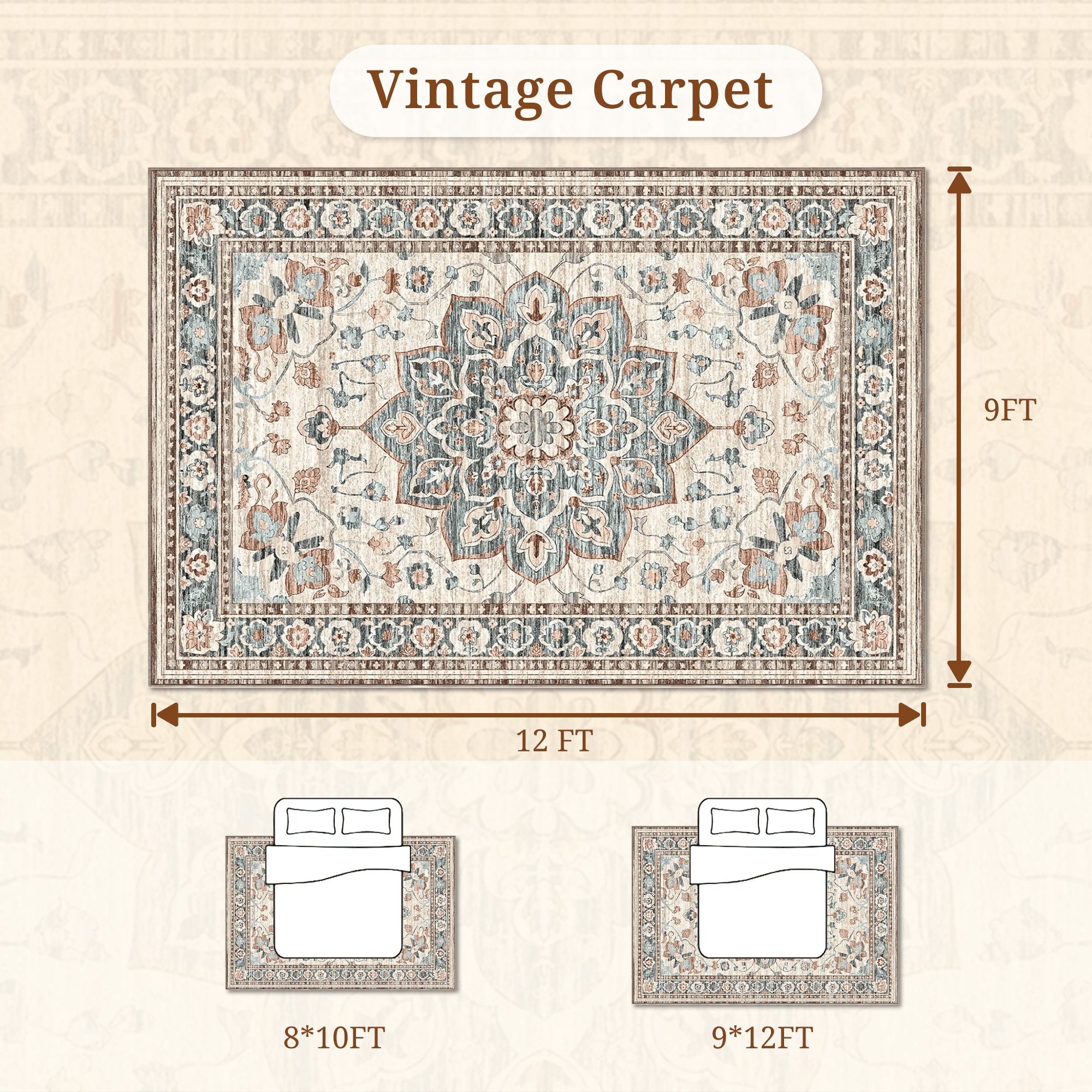 LIFERECORD 9x12ft Boho Area Rug Washable Non-Slip, Modern Geometric Neutral Vintage Low-Pile Carpet for Living Room, Bedroom, Dining Room, Kitchen